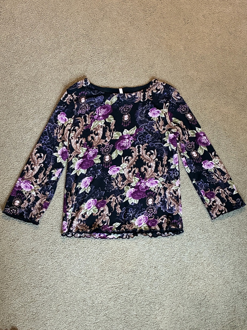 Women’s White Stag Sheer Black Top with Purple Floral Print Lined Size S Boho